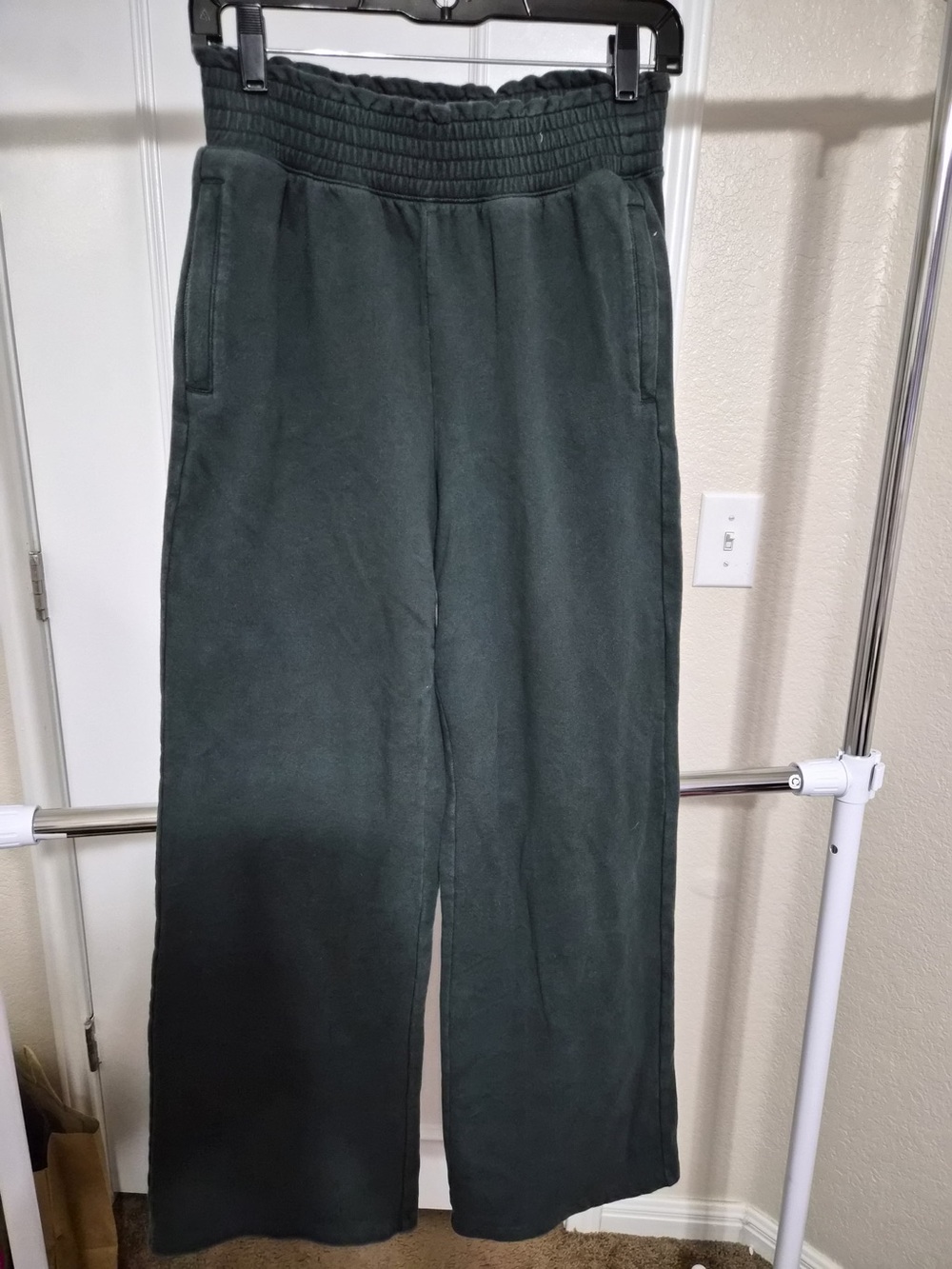 Women's Dark Green Wide-Leg Joggers with Smocked Waist